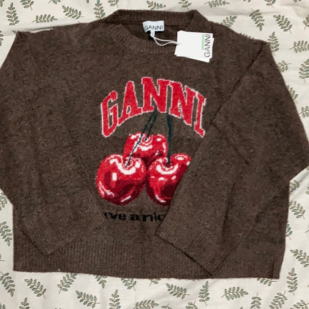 Ganni Brown Sweater with Red Cherry Graphic